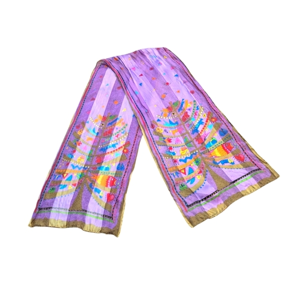 Laurel Burch Silk Cat Scarf Long Artsy Quirky - Picture 1 of 4